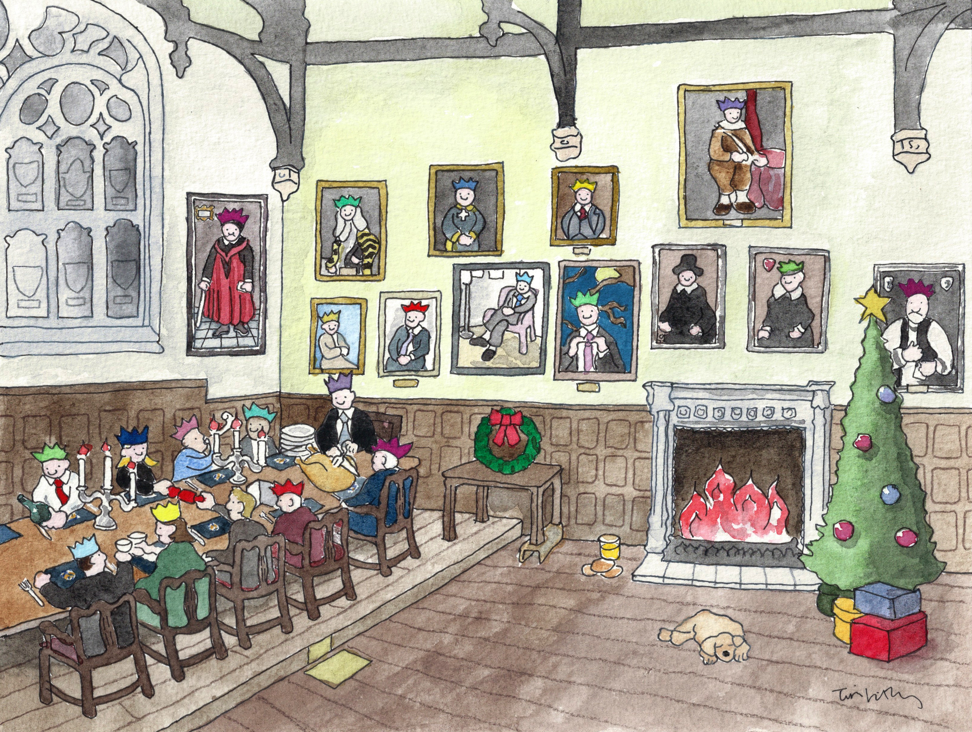 Wadham College Christmas card 2017<br>Christmas celebrations at High Table, with the college dog in close attendance
